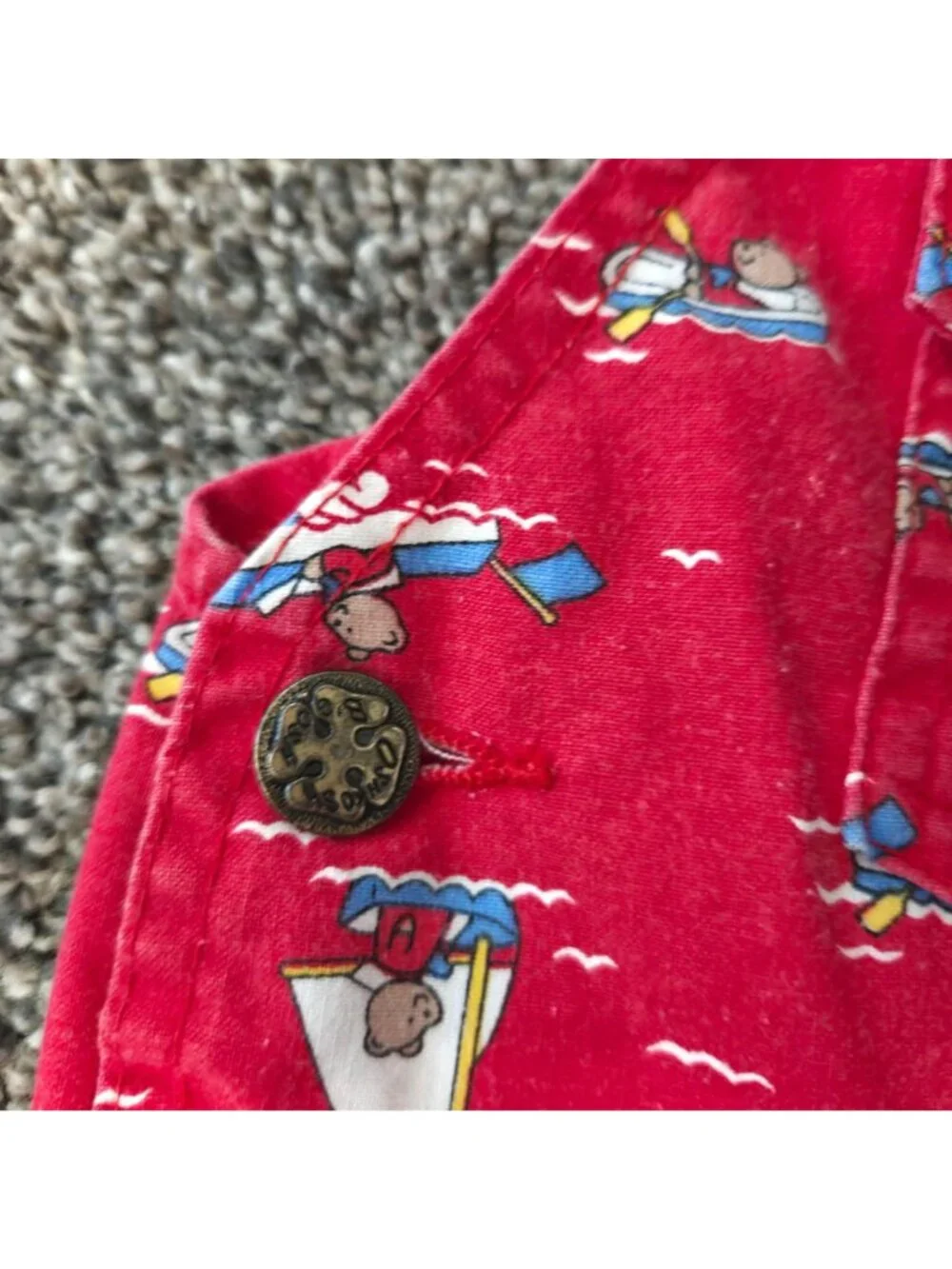 Vintage 90s OshKosh BGosh 24M Red Bear Boat Print Shortalls Overalls Made In USA